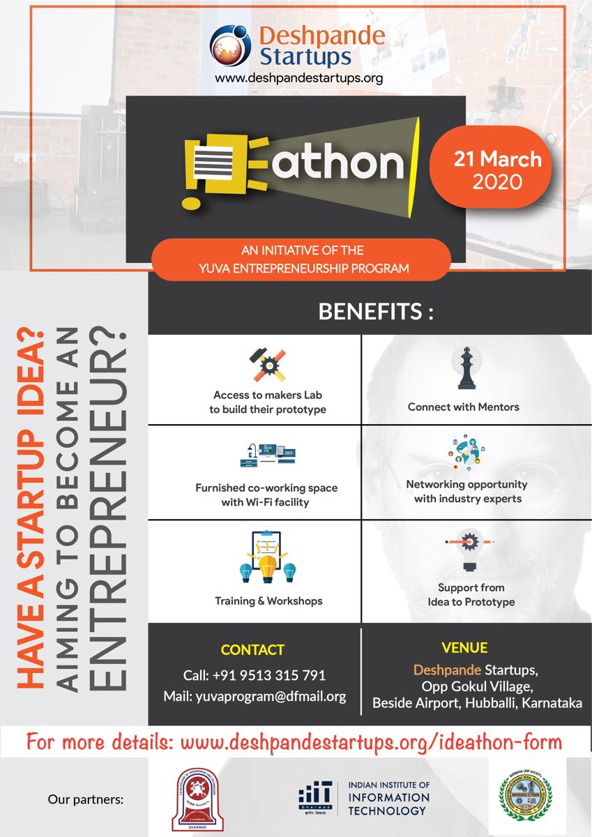 Ideathon 2.0 flyer for the Yuva Entrepreneurship Program at Deshpande Startups