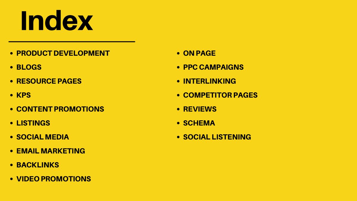 Playbook index listing SEO, PPC, email marketing, social media and more