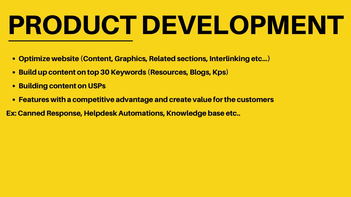 Product development page of the playbook: website optimisation, keyword content and USPs